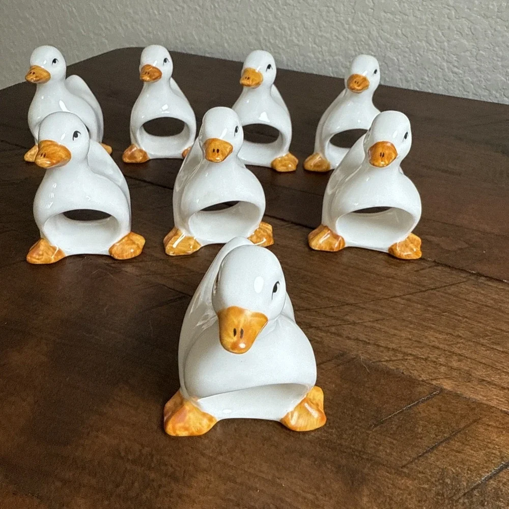 Pre Owned Vintage Set Of 8 Adorable White Ceramic Duck Napkin Holders